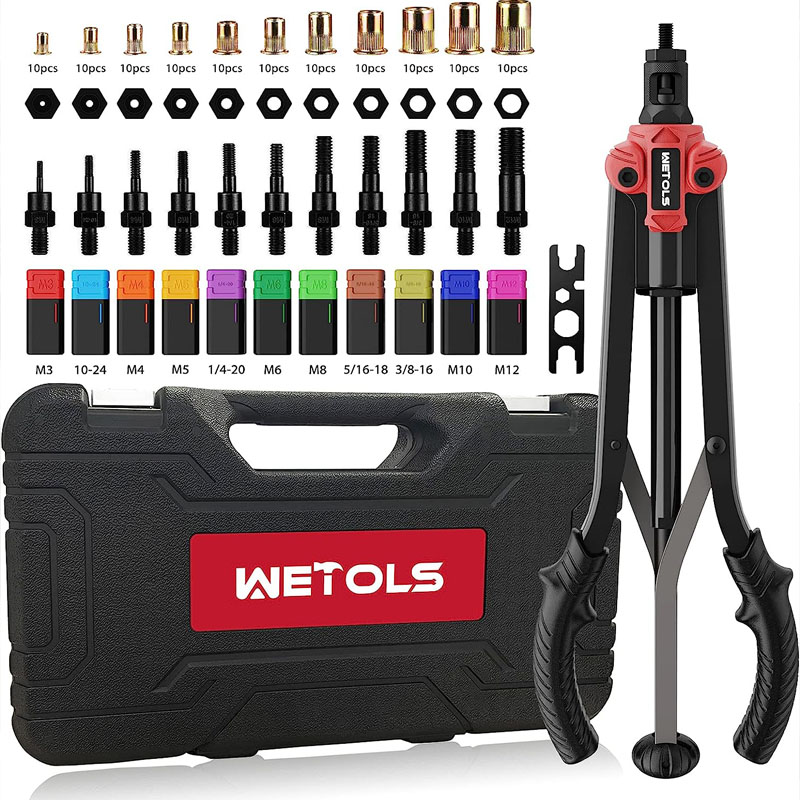 WETOLS Rivet Nut Tool, Hand Rivet Tool Kit with 11 Metric & SAE Mandrels M3 M4 M5 M6 M8 M10 M12,